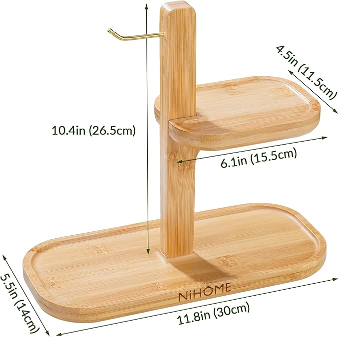 NiHome Bamboo Jewelry Organizer Stand with Hook & Trays, Wooden Display Rack for Necklaces, Earrings, Bracelets and Rings, Minimalist Jewelry Holder for Vanity or Desk, Durable and Tangle-Free Storage