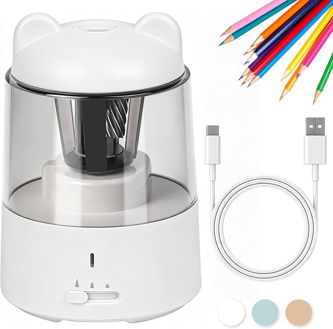 Electric Pencil Sharpener, Auto Stop Fast Sharpen in 3s, Battery Powered Pencil Sharpeners for No.2 & 6-8mm Colored Pencils, Cute Rechargeable Pencil Sharpener for Classroom/Office/Home (White)