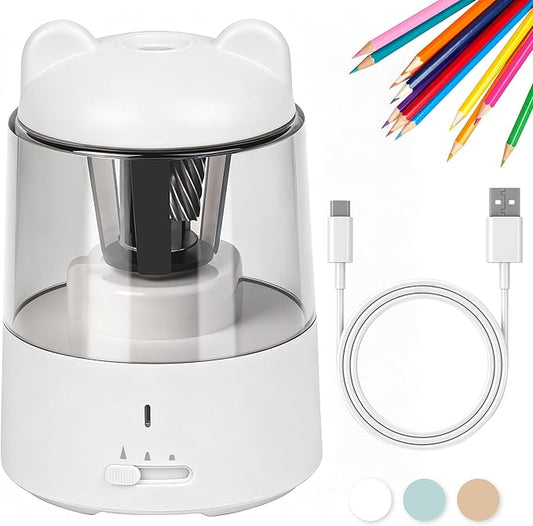Electric Pencil Sharpener, Auto Stop Fast Sharpen in 3s, Battery Powered Pencil Sharpeners for No.2 & 6-8mm Colored Pencils, Cute Rechargeable Pencil Sharpener for Classroom/Office/Home (White)