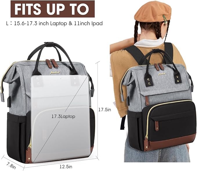 Focdod Women Laptop Backpack Work Bag: 17 inch Travel Computer Backpacks for Nurse Teacher Waterproof College Bookbag with USB Charger Anti-theft Casual Business Backpack Purse Black Grey Brown