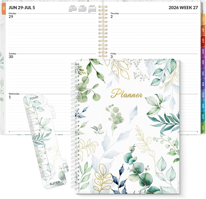 SUNEE Academic Planner 2026-2027 – Weekly & Monthly Planner, July 2026 to June 2027, 8.5"x11", Thick Paper, Tabs, Pockets, Bookmark, Spiral-Bound, Student Teacher Organizer, Greenery
