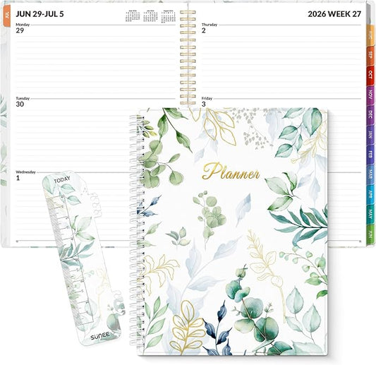 SUNEE Academic Planner 2026-2027 – Weekly & Monthly Planner, July 2026 to June 2027, 8.5"x11", Thick Paper, Tabs, Pockets, Bookmark, Spiral-Bound, Student Teacher Organizer, Greenery