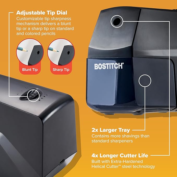 Bostitch Portable Rechargeable Battery Horizontal Pencil Sharpener Helical Blade for No.2/Colored Pencils, Black