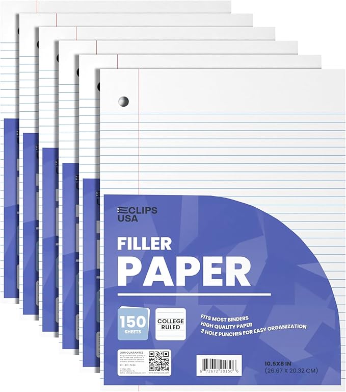 Loose Leaf Paper College Ruled Notebook Paper College Ruled Lined Paper Writing Paper Filler 10.5” x 8” 900 Sheets 150 Sheets Per Pack 60 gsm (6 Pack)