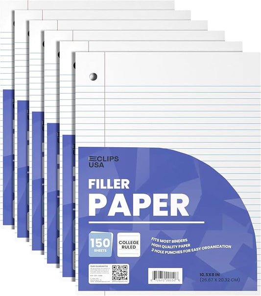 Loose Leaf Paper College Ruled Notebook Paper College Ruled Lined Writing Filler Paper 10.5” x 8” 900 Sheets 150 Sheets Per Pack 60 gsm (6 Pack)