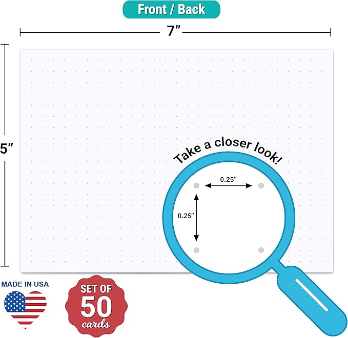 321Done Dot Grid Index Cards, Dot Pattern - Made in USA - Extra Large 5x7 (Set of 50) Dot Bullet 0.25" Double-Sided Planner Journal, Planning Graph Ruled Thick Heavy Duty Cardstock, 1/4 inch, White