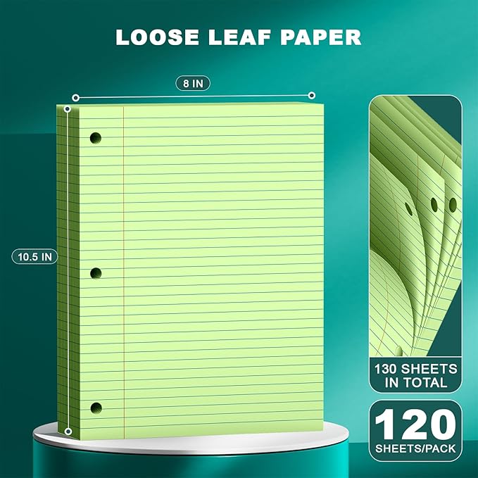 Green Note Pads 8 X 10.5 Loose Leaf Paper, 120Sheets, 3 Hole Punched Lined Paper, College Ruled 8 X 10.5 Notebooks, 10-1/2" X 8 Binder Writing Pads, Filler Paper for Office, School Supplies