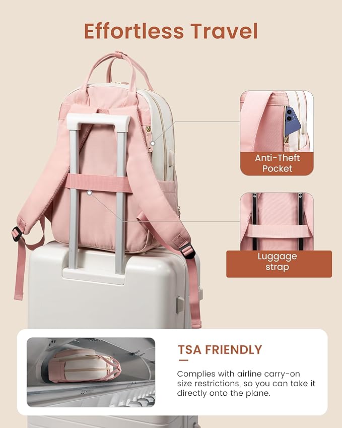 LOVEVOOK Backpack for Women,Laptop Backpack Women,Fits 15.6 Inch Laptop Bag,School Backpacks,Fashion Travel Work Anti-theft Bag,Waterproof Business Computer College Backpack Purse,Beige-Pink-Pink