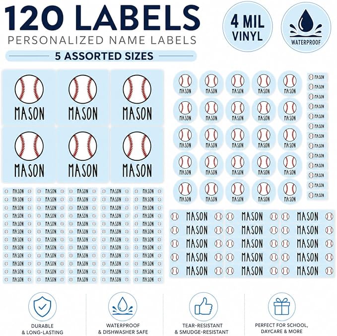 Andaz Press Custom Personalized Waterproof School Name Labels, Baseball, 120-Pack, Kids Labels Combo Pack, Customizable Multi-Use Name Stickers Personalized School Supplies Camp Stickers Daycare