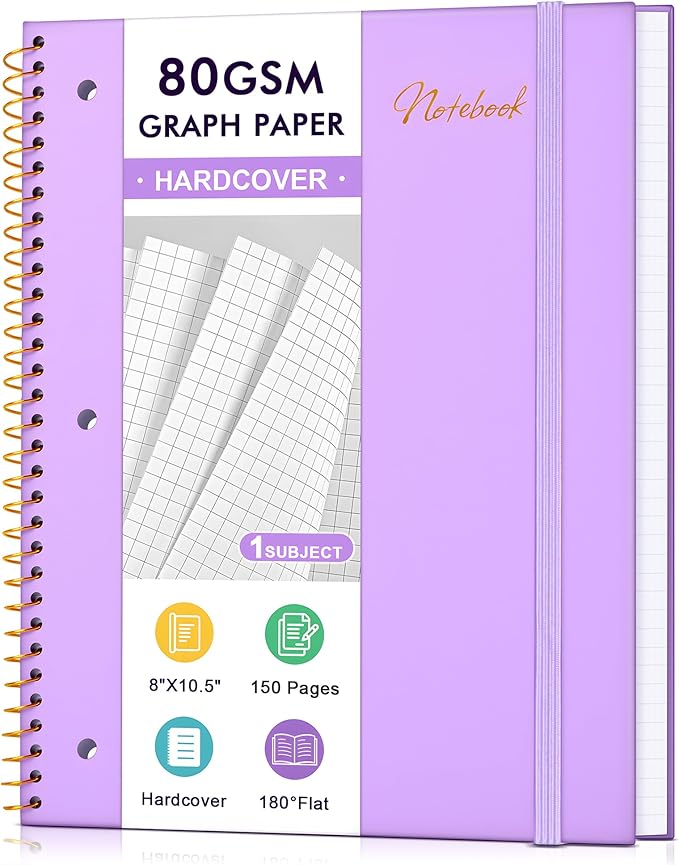 MUAHLIUB Graph Paper Notebook,1 Subject 80GSM Thick Grid Paper Notebook 8" x 10-1/2",Hardcover Spiral Notebooks for School Work Women Men, Graphing Notebook Journal for Writing,3-Hole Punched Purple