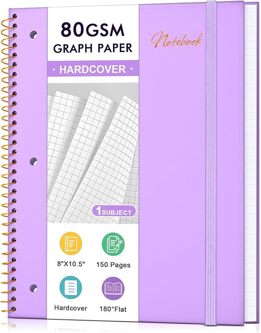 MUAHLIUB Graph Paper Notebook,1 Subject 80GSM Thick Grid Paper Notebook 8" x 10-1/2",Hardcover Spiral Notebooks for School Work Women Men, Graphing Notebook Journal for Writing,3-Hole Punched Purple