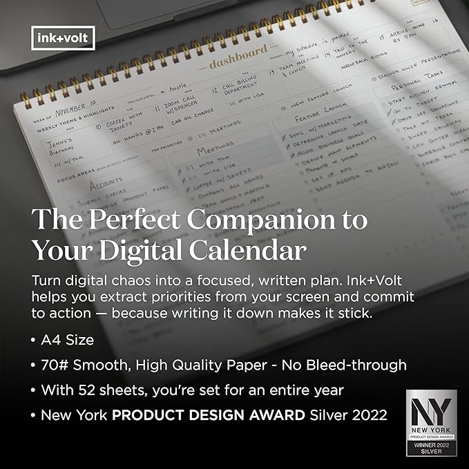 Ink+Volt Dashboard Spiral Deskpad | Undated Weekly Planner Notepad w/ 52 Undated Sheets, Premium Productivity Planner, Minimalist Weekly to do List for Work & Study | A4 Size, Black - Made in the USA