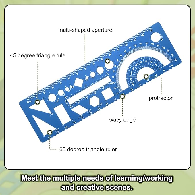 HARFINGTON 2pcs Multifunctional Geometric Rulers 15cm Metric and SAE Aluminum Straight Edge Protractor Angle Math Measuring Rulers Geometric Drawings Templates for Drawing Drafting, Blue
