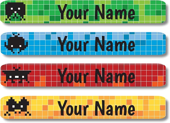 Lovable Labels Personalized Labels for Kids (120 Labels) - Waterproof Dishwasher Safe Peel and Stick Labels are Great for School Supplies Daycare Camp Bottles (Pixel World)