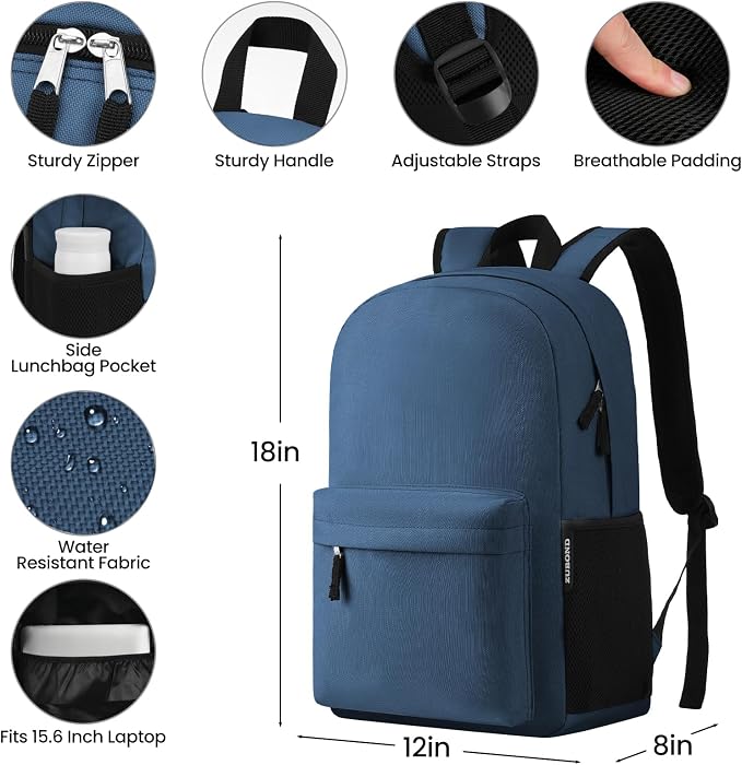ZUBOND Unisex Backpack for School & Travel - Lightweight Laptop Backpack Fits 15.6 Inch Notebook, Water Bottle Pocket - Ideal for Teens, College Students, Adults