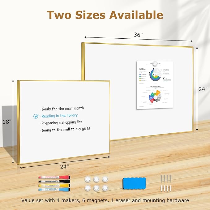 Magnetic Whiteboard, 24"x18" Gold Aluminum Frame Dry Erase White Board for Wall, Hanging Wipe Board with 6 Magnets, 4 Markers & 1 Eraser for Home, Office, School