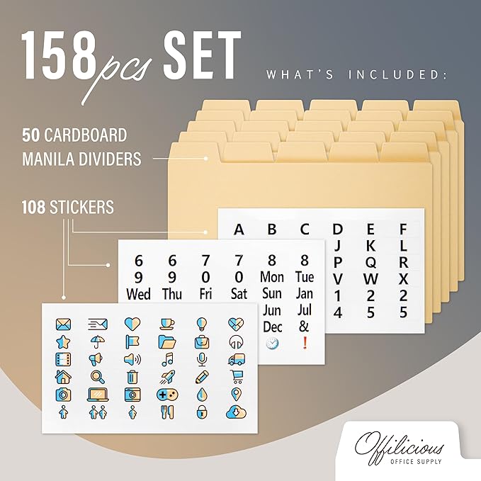 Index Card Dividers 5x8" — 50 Pcs of Cardboard Alphabet Dividers with 108 Stickers & Tabs for Index Card Organizer Holder, Storage File Box, Notecard Organizers — Recipe, Monthly, Alphabetical Cards