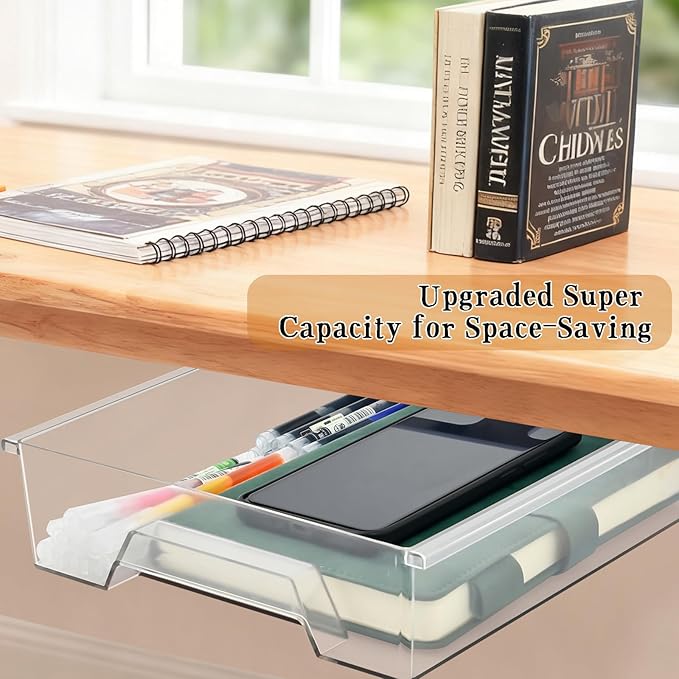 2 Pack Under Desk Drawer Organizer, Self Adhesive Hidden Drawer Storage, Slide Out Desk Organizer, Space Saving Pencil & Accessories Organizer, Under Table Storage for Home Office & School, Clear