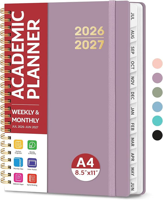Planner 2026-2027 for Women & Men, Academic Monthly and Weekly Calendar Planner, Jul 2026 - Jun 2027, A4 (8.5" x 11"), Teacher Student Planning Book with Tabs, Ideal for Office School Supplies - Boho Purple