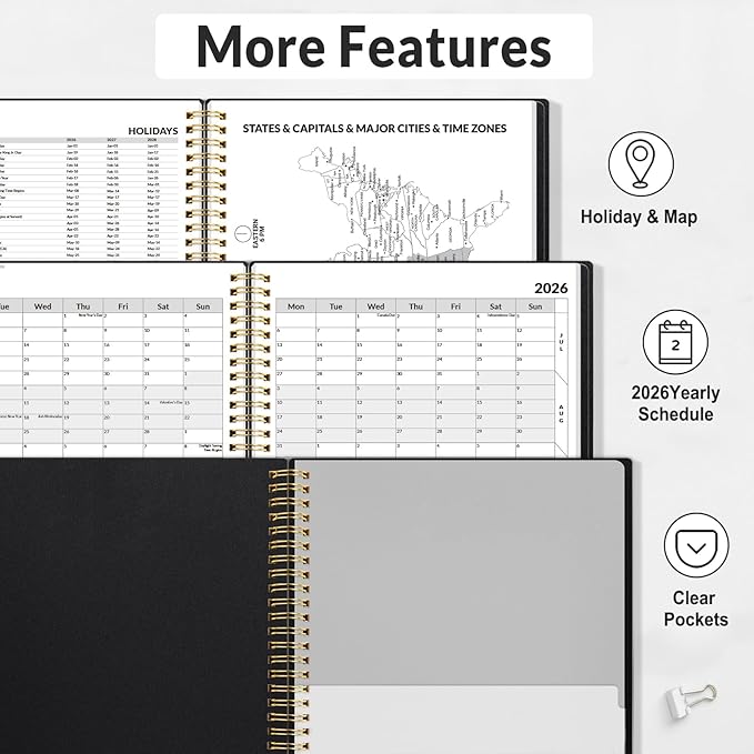 SUNEE 2026 Appointment Book, Quarter-Hourly, Weekly & Monthly - from January 2026 - December 2026, 8.5"x11" Weekly Planner, Flexible Cover, Note Pages, Pockets, Bookmark, Spiral Binding, Black