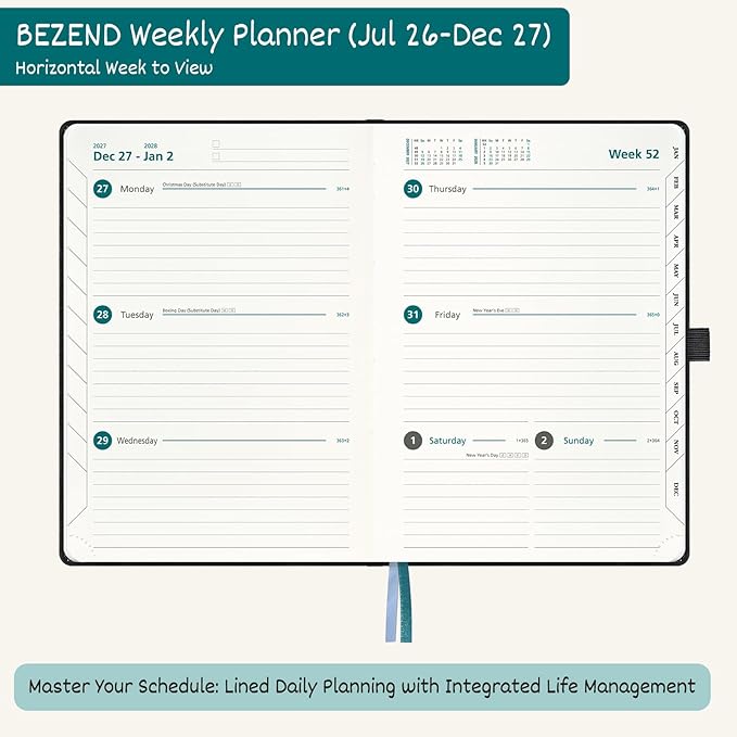 BEZEND Weekly Planner 2026-2027 (6" x 8.5") Horizontal Layout Notebook (Jul 26-Dec 27) 18 Months Academic Calendar & Monthly Tabs, Ideal for Students, Work & Home, PU Leather Hardcover -Brown