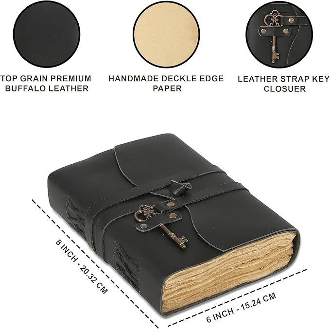 Leather Journal with Deckle Edge Paper 8x6 inch and Vintage Key | Handmade Writing Notebook Diary | Bound Daily Notepad for Men & Women Medium, Sketch/Writing pad for Artists