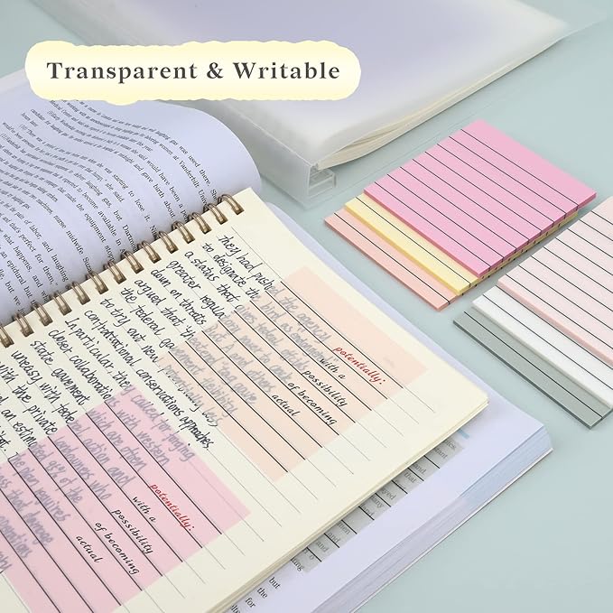 Temiary 6Pads Transparent Sticky Notes with Lines, Clear Sticky Note Waterproof See Through Memo Pad, Markers Stickers Translucent Index Book Tabs for Annotating Bible Study Supplies, 50Sheets/Pad