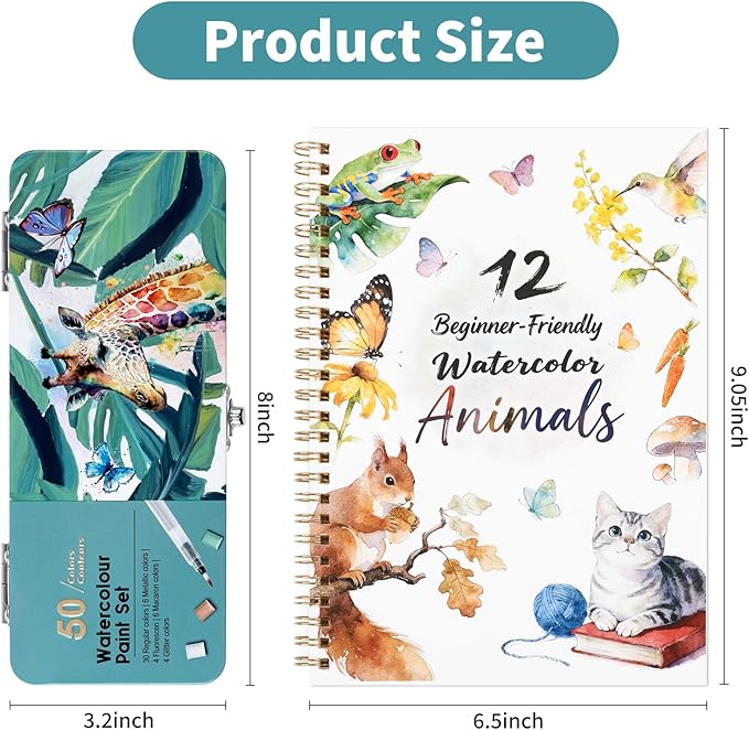 Watercolor Workbook Animals, Water Coloring Book, 12 Different Patterns of Original DIY Designs, 50 Colors Watercolor Paint Set with Palette and Brush, Beginner-Friendly Watercolor Workbooks (Animals)
