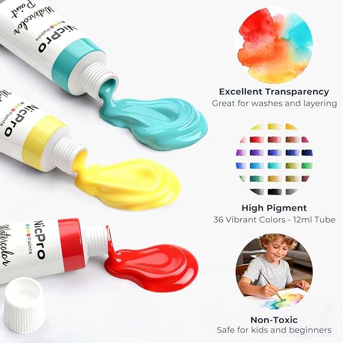 Nicpro Watercolor Paint Set for Adults, 36 Colors Watercolor Tube (12ml,0.4oz) with10 Paint Brushes, 25-Sheet Watercolor Paper Book, Palette, Water Color Painting Supplies for Artists Beginners Gift