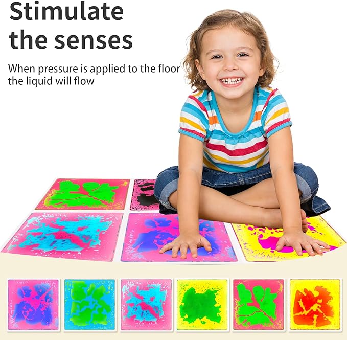 Liquid Sensory Floor Tiles for Kids: 12x12 Inch Active Play Mats for Kids Non-Toxic Leakproof -6 PCS Non-Slip Color-Changing Pads Stress Relief & Motor Skills Toys