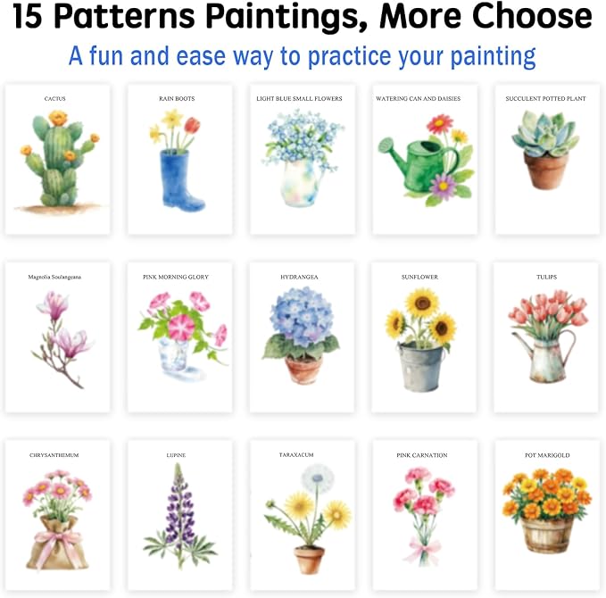 SLWBZ Watercolor Workbook Bouquets, 15 Different Patterns of Original DIY Designs, 16 Color Watercolor Paint Plates with Palette and Brush, Beginner-Friendly Watercolor Workbooks, Bouquets