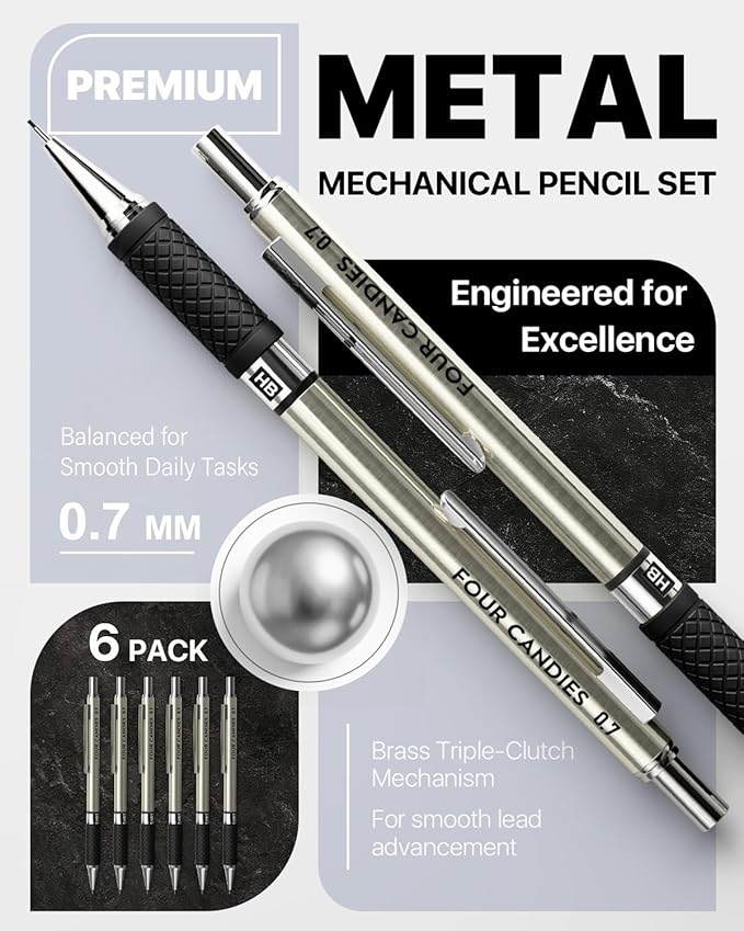 6PCS Metal Mechanical Pencil Set with 0.7mm Medium Point, 360 Leads, 12 Erasers, Art Mechanical Pencils Pack with Storage Case for School Writing, Sketching, Drawing & Professional Drafting