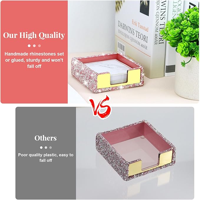 Buqoo Pink Sticky Note Holder, Bling Crystal Rhinestone Self Stick Note Pad Holder Dispenser for School Home Office Desk Accessories Supplies