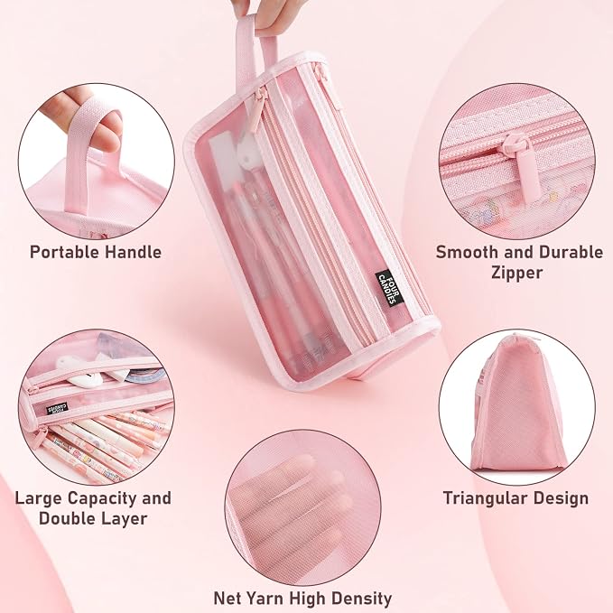 Four Candies Grid Mesh Pencil Case, Clear Double-layer with Handle (Pink) | Smooth Zipper, Transparent Pencil Pouch, Cute Stationary, Makeup Bag, Travel Friendly, for Adult Office College