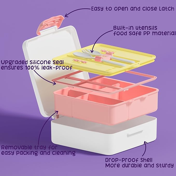 Fimibuke Kids Bento Snack Lunch Box with 4 Compartment, Insulated Lunch Bag, Stainless Steel Vacuum Thermo Food Jar, Ice Pack, Utensils Set, Birthday Gifts for Age 3-12 Back to School Toddler Girl Boy