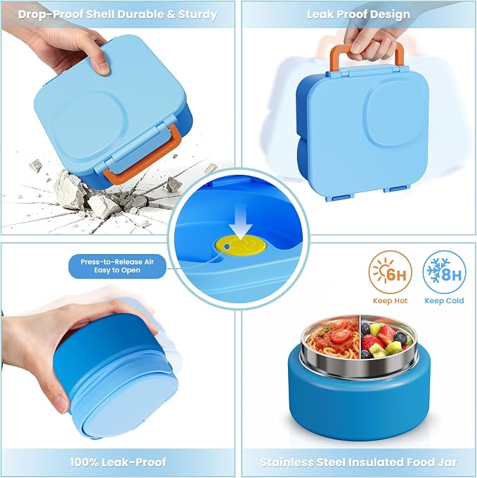 wiwens Kids Bento Lunch Box with Soup Thermo Food Lunch Container for Kid | 4 Compartment Leak-Proof Kids Lunch Box,9oz Stainless Steel Insulated Hot Food Jar,for Boys Girls Toddler to School Travel