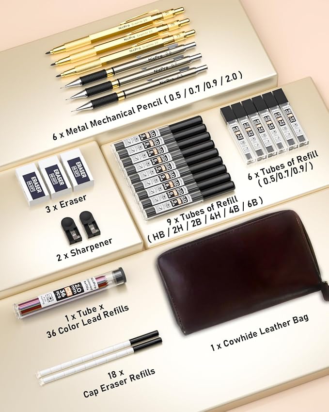 Nicpro 30PCS Art Mechanical Pencils Set in Leather Case-Gold | Metal Drafting Pencil 0.5/0.7/0.9/2mm Lead Pencil Holder for Sketching Drawing With 252 (6b 4B 2B HB 2H 4H Color) Lead Refill