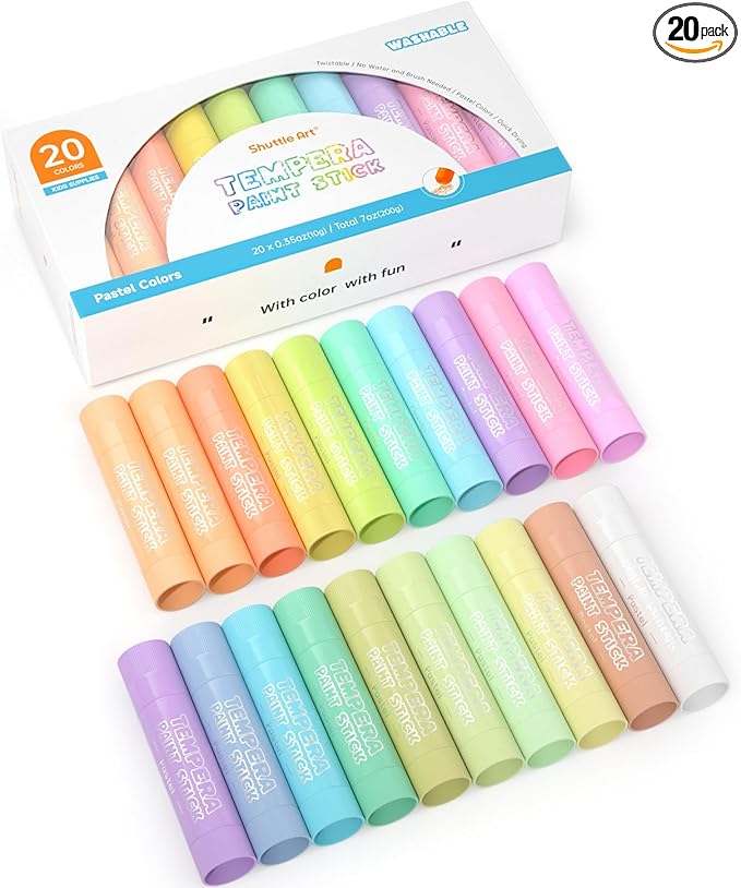 Shuttle Art Tempera Paint Sticks, 20 Pastel Colors, Solid Tempera Paint for Kids, Super Quick Drying, Works Great on Paper Wood Glass Ceramic Canvas