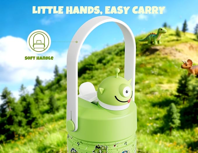 POWCAN 18 oz Insulated Water Bottle for School: 2-in-1 Straw Spout Lid with Soft Animal Head, BPA-Free, Leakproof, Keep Cold 24H, Easy Carry, Stainless Steel Cup for Boys, Girls, Kids (Alien Party)