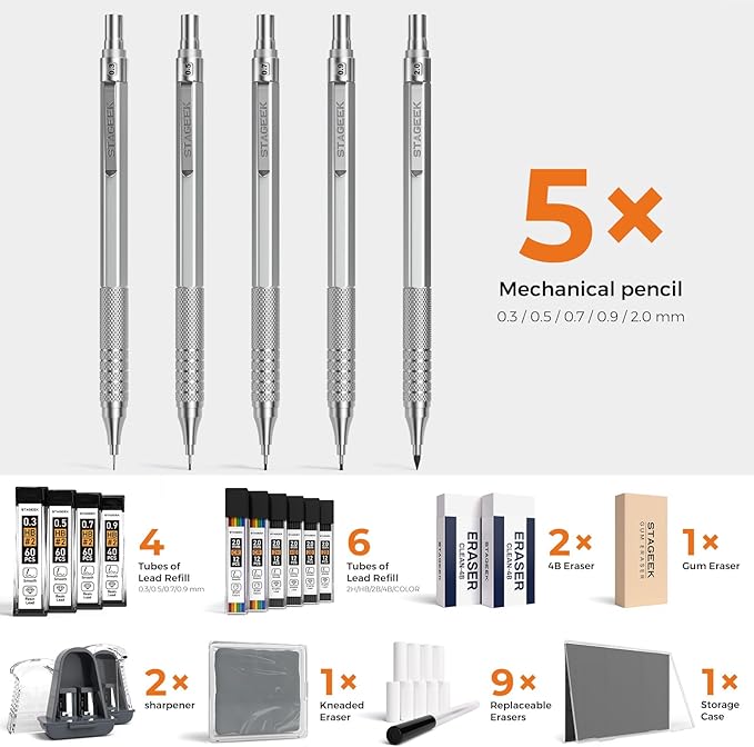 STAGEEK 21PCS Metal Mechanical Pencil Set, Art Lead Pencil 0.3, 0.5, 0.7, 0.9, 2mm Holder(HB 2H 2B 4B Color) with 10 Tubes Graphite Lead Refills Eraser with Case for Drafting Drawing Sketching