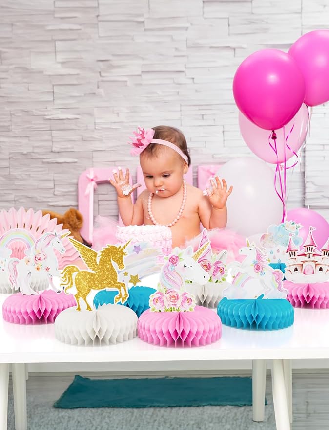 9 PCS Unicorn Rainbow Honeycomb Centerpieces,Unicorn Centerpiece for Table Birthday Party Decorations Pastel Table Topper Centerpiece for Girls Princess Theme Birthday Baby Shower Party Decor
