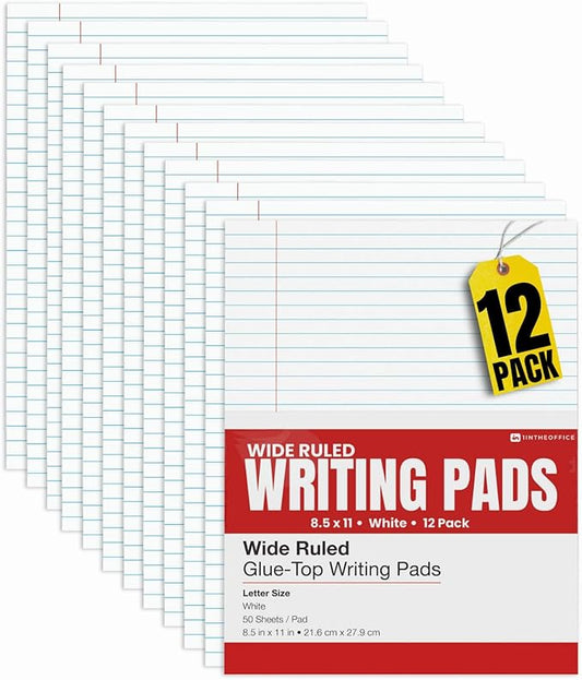 1InTheOffice Legal Rule Writing Pad Wide Ruled 8.5 x 11, Glue Top Writing Pad, Legal Notepad, Letter Size, 50 Sheets per Notepads (12 Pack)
