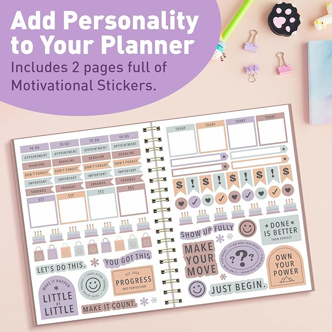 Sweetzer & Orange 2026 Planner – 6" x 8.25" Dated Daily, Weekly & Monthly Calendar Planner – January to December 2026 – Tiramisu Design with Motivational Stickers, Gold Spiral & Sturdy Paper