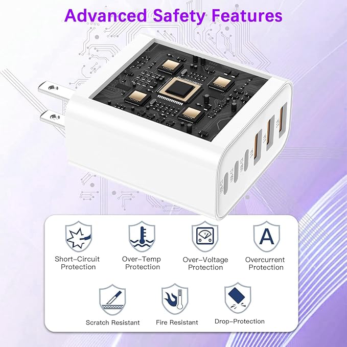 USB C Charger Block,65W iPhone Charger Fast Charging,6-Port USBC Charging Block,Multiport Type C PD+QC Power Plug Wall Charger for All iPhone 17 16 15 iPad Samsung S26 S25 iWatch Pixel Series