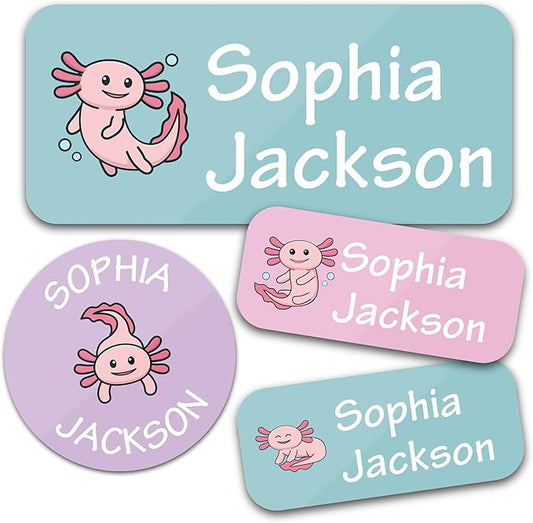 Bunny Badges Personalized Daycare Name Labels for Kids (130 Labels) - Custom Waterproof Name Stickers for Clothing Tags, Water Bottles, Lunch Boxes and School Supplies (Axolotls)