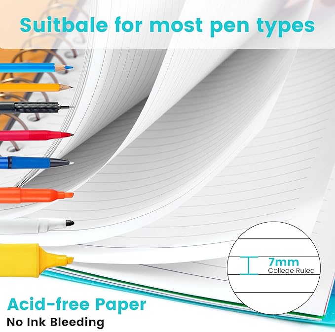 CAGIE Spiral Notebooks for School Work with Removable Dividers Tabs, 8.5” x 11” 5 Subject Notebook College Ruled, Large Lined Journaling Notebook for Women Men Writing, Teal