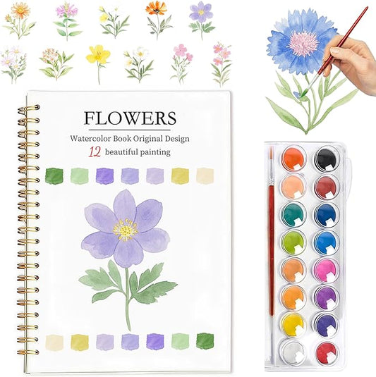 Easy Watercolor Workbook for Beginners - 12 Beautiful Step-by-Step Paintings Water Coloring Book, Includes 16 Watercolors Set, Relaxing Art Projects and Creative Gift for Adults & Teen (Flowers)