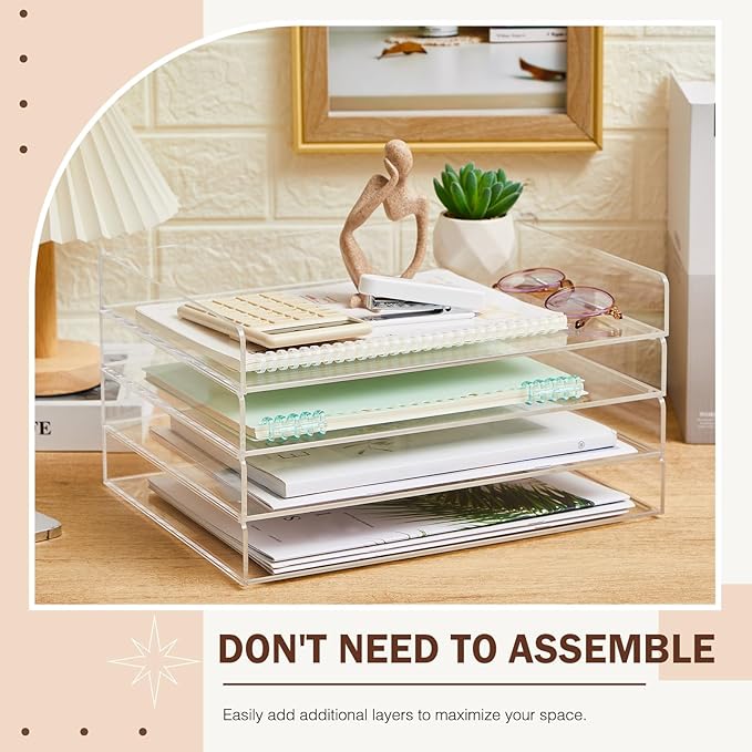 Harloon 4 Tier Acrylic Paper Tray Organizer, Heavy Duty Stackable Clear Organizer for A4/Letter Paper, Acrylic File Storage for Desk, Office Workspace, No Assembly Required, 13 x 10 x 1.7 Inches
