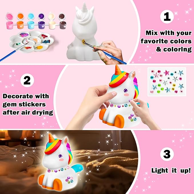 FUNZBO Paint Your Own Unicorn Lamp Kit - Arts and Crafts Supplies Painting Kits for Kids Teens, DIY Night Light Unicorn Toy for Toddlers Girl Boy Age 3 4 5 6 7 8 9 10 11 12 13 Christmas Birthday Gifts