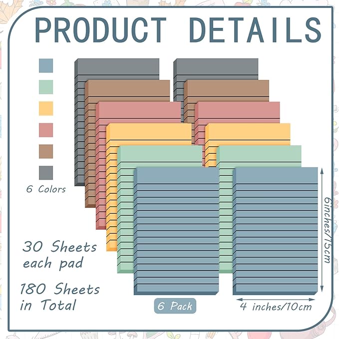 Yinder 6 Pack Pastel Transparent Sticky Notes Translucent Clear Lined Self Stick Note, Back to School Gifts for Bible Tabs, Book Tabs, School Supplies Office, 30 Sheets/Pack, 4 x 6'' (Retro Color)